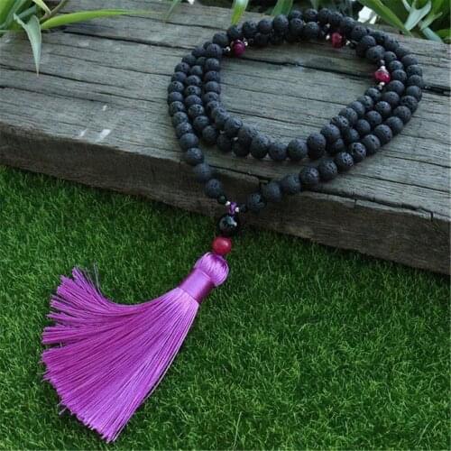 8mm Lava Stone 108 Beads Handmade Tassel Necklace Spiritua Mala Prayer Spirituality Buddhism Religious Japa