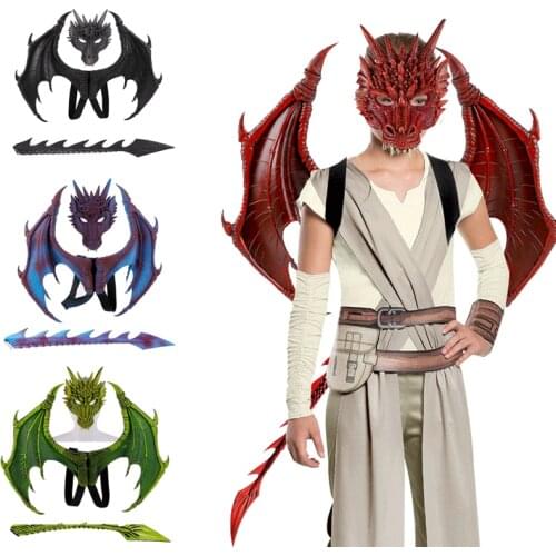 3PICS Dinosaur Costume Halloween Gift Carnival Party Kids Cosplay Prop Dragon Wing Mask Tail Children Dragon Costume Xmas Gift