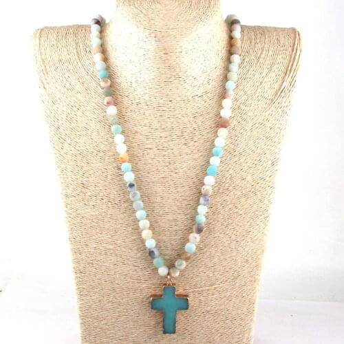Fashion Bohemian Tribal Jewelry Frosted Amazonite Stones Cross Charm Women Necklace