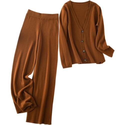 Fashion Suit Spring Autumn Winter 100% Cashmere And Wool Knitted High Quality Sweater Women Tops And Harem Pants Two-Piece Fema
