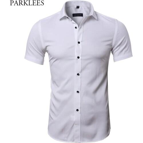 Mens Hipster Elastic Bamboo Fiber Business Shirts 2018 Summer New Slim Short Sleeve Shirt Men Casual Brand White Dress Shirts