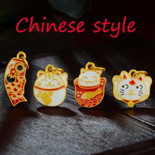Original design enamel porcelain cat DIY Necklace Pendant Japanese unique ancient gold craft lovely romantic fresh Fairy Jewelry