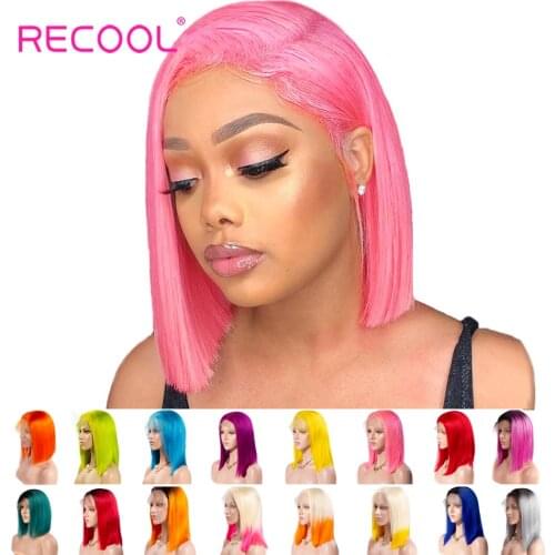 Recool 13X6 Pink Bob Lace Front Wig Pre Plucked 613 Blonde Blue Red Grey Orange Green Purple Ombre Short Bob Human Hair Wigs