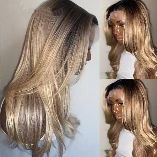 Human Hair Wigs 150% Density Ombre Blonde Pre-Plucked Lace Front Wig 13x4 Lace Frontal Wig 6TGrey Golden Color Transparent Lace
