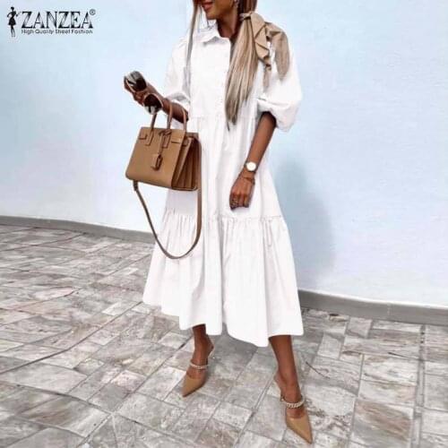 Oversized ZANZEA Bohemian Women Dress 2021 Summer Ruffle Maxi Vestidos Casual Solid Puff Sleeve Long Sundress Ladies Button Robe