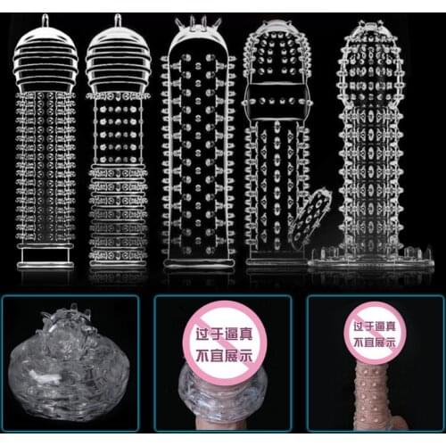 Extension Reusable Condom Penis Sleeve Male Enlargement Time Delay Spike Clit Massager Cover Crystal Clear Condoms Adult Sex Toy