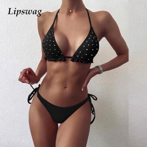 Sexy Halter Push Up Bikini Swimwear Women String Lace-Up Micro Bikini Set 2021 Ruffle Glitter Crystal Beachwear Bathing Suit