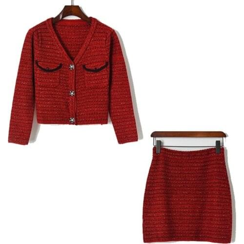 Cropped Cardigan Women Knit Jacket Short Coat 2021 New Year Red Cardigan Sweater Women V Neck Crystal Buttons Sweater Coat