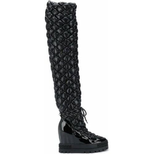Dipsloot Black Leather Over The Knee Padded Boots Woman Fashion 100 mm Hidden Wedge Genuine Leather Height Increasing Long Boots