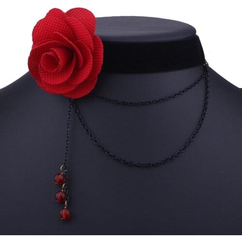 Red Rose Black Choker Fashion Flower Chain Decor Choker Necklace Gothic Choker for Women Halloween Nightclub Party Accessories
