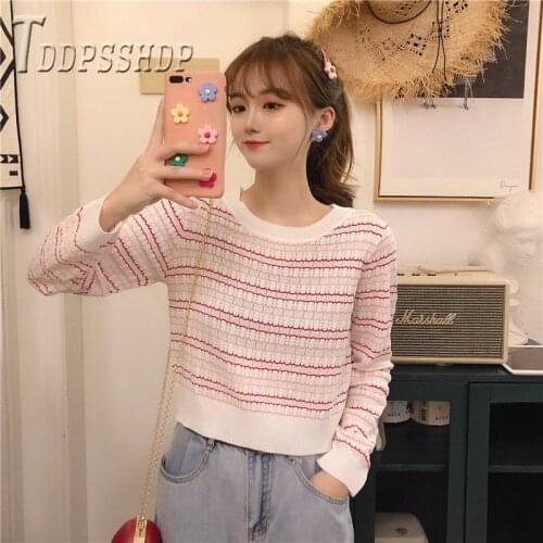 Winter Women Knitted Round Neck Sweater Short Style Jumper Fashion Slim Stripe Female Sweaters