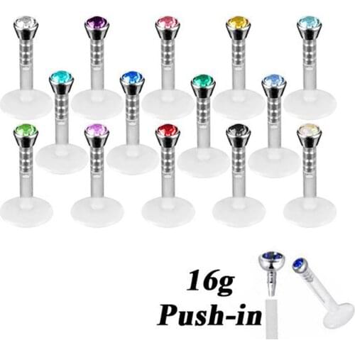 14pcs Acrylic Bioplast Flexible CZ Gem Labret Lip Ring Stud Piercing Ear Tragus Stud Barbell Body Jewelry 16 gauge