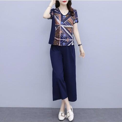 2021 Summer WomenFashion 2 Two Piece Sets Outfits Short Sleeve Tops Print T-shirt Wide Leg Pants Suit Set Casual Tracksuit