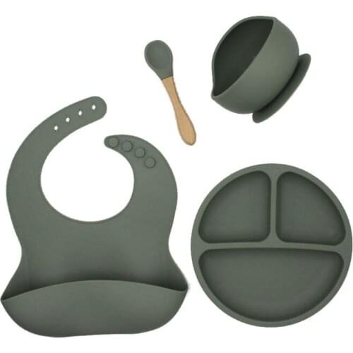 4pcs/set BPA Free Baby Silicone Tableware Waterproof Bib Solid Color Dinner Plate Sucker Bowl And Spoon For Children Kids New