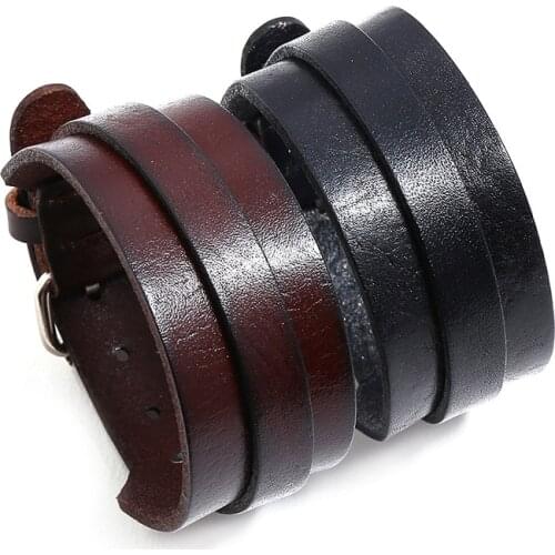 Genuine Leather Material Punk Men Watch Bracelet Jewelry 3.1cm Wide Wrap Layer Bangle Geometric Cuff Jewelry Pulsera Hombre