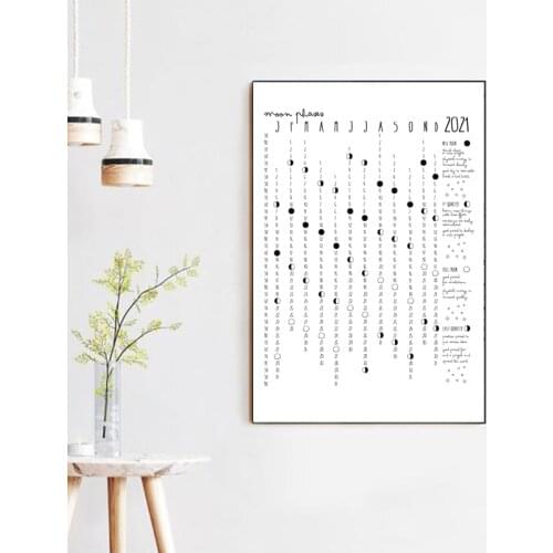 Calendar 2021 Lunar Phases Calendar Art Canvas Painting Moon Calendar Modern Posters And Prints Black White Picture Home Decor