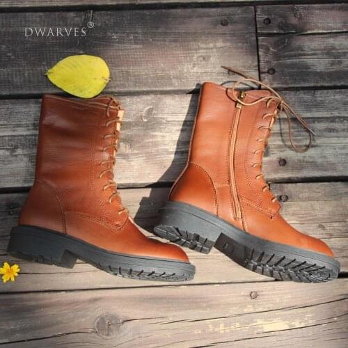 Retro Short Boots Women Handmade Genuine Leather Martin Boots Biker Boots Lace-Up Combat Boots Chunky Ankle Boots Brown