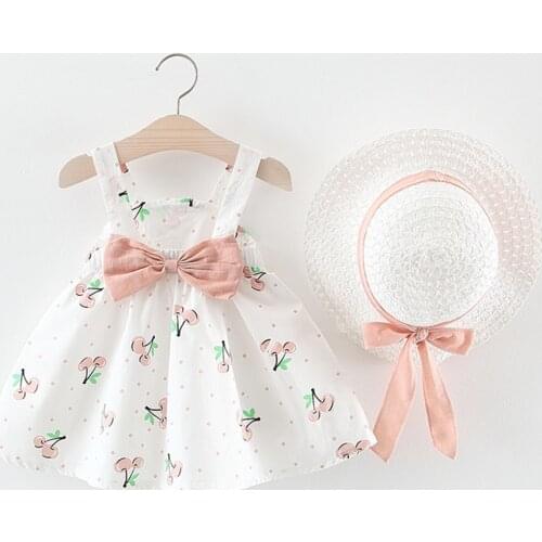Summer Baby Girl Clothes Party Clothing for Girl Toddler Baby Kids Girls Sleeveless Cherry Dot Princess Dresses Bow Hat Outfits
