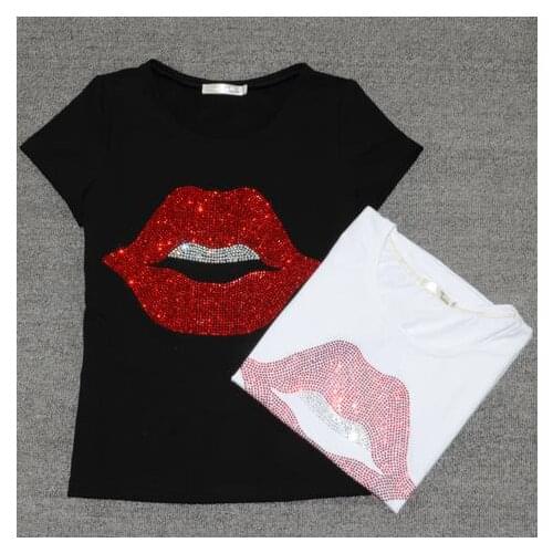 Summer women tide flash diamond lips short sleeve T-shirt Slim cotton stretch girl tops plus size xxxlfree shipping