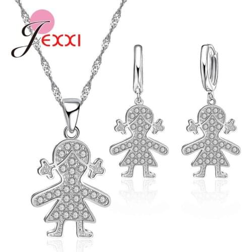 Figure Shape Cute Girls Pendant Necklaces Earrings Set For Birthday Party Accessory Full Clear Cubic Zirconia Jewelry Sets