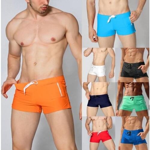 Men Swimwear Boxer Briefs Solid Color Drawstring Waist Beach Board Shorts Quick Dry Summer Swim Trunks with Zipper Pocket S-2XL