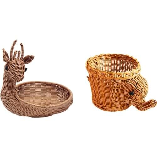 2 Pcs Rattan Woven Fruit Basket Waterproof Desktop Snack Fruit Bread Storage Basket, Imitation Deer & Elephant