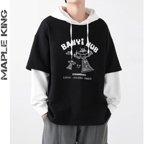 Harajuku Men Women Casual Fake Two Piece Hoodie 2021 Korean Fashion UFO Printed Patchwork Color Hooded Sweatshirt Couple Clothes