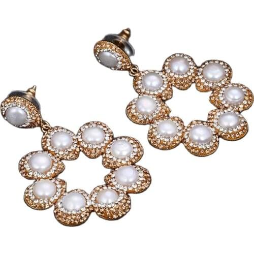 JK 2.5" Natural White Pearl Golden Macarsite Earrings For Women