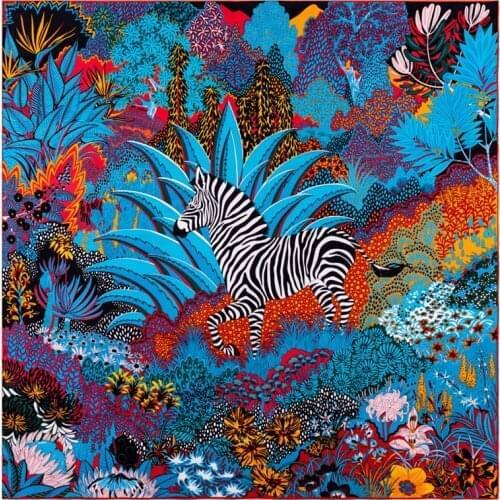 POBING Manual Hand Rolled Twill Silk Scarf Women Forest Zebra Square Scarves Echarpes Foulard Femme Wrap Lady Bandana Hijab 90CM