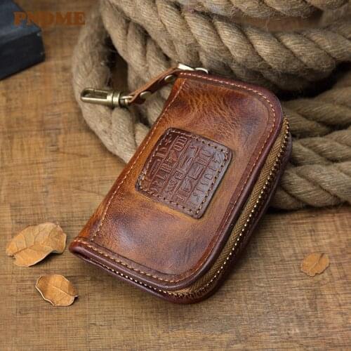 Vintage handmade natural real cowhide mens womens key cases fashion casual genuine leather samll ID card holder coin purse