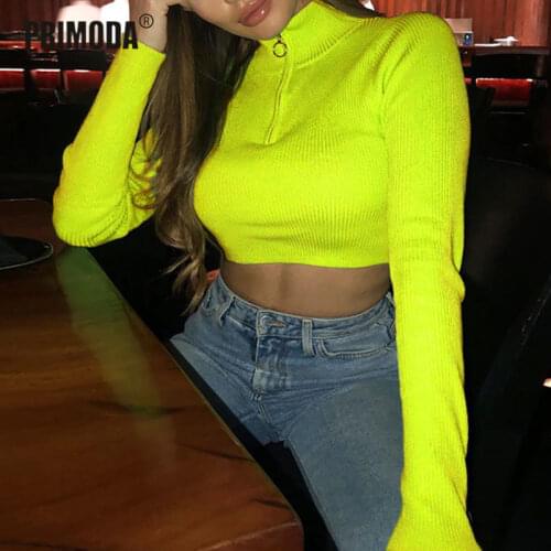 2020 Autumn Winter Steetwear Sexy Crop Tops Neon Boots T Shirts Women Zipper Turtleneck Knit T-shirts Club Party Outfit PR907G