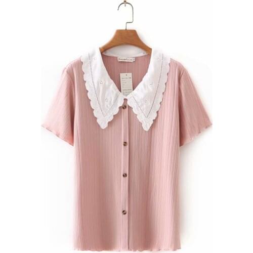 Plus size peter pan collar women tshirts 2021 new summer casual short sleeve lady t shirts female top pink black gray