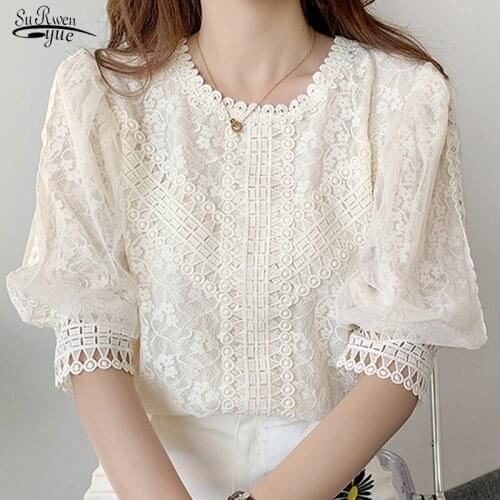 Summer Fashion Elegant Sweet Crochet Lace Hollow Floral Tops Lace Chiffon Women Shirt New O Neck Short Sleeve Loose Blouse 15266
