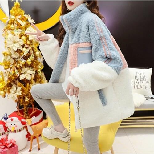 Female Color Matching Plus Velvet Thick Jackets Women 2021 New Autumn Winter Lamb Wool Coats Loose Fur Coat Casual Outerwear Ins