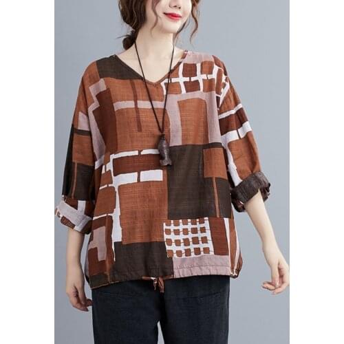 Women Cotton Linen Long Sleeve T-shirts New 2021 Spring Simple Style Vintage V-neck Print Loose Female Casual Tops Tees S3194