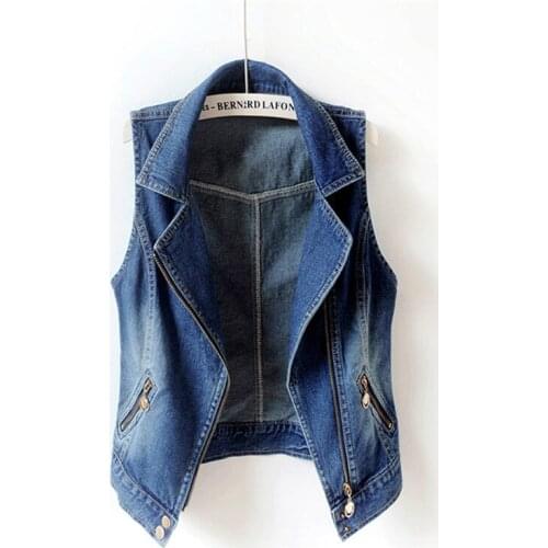 Autumn Korean Suit Collar Short Denim Vest Women Vintage Blue Waistcoat Sleeveless Jacket Moto & Biker Slim Jeans Vests Female