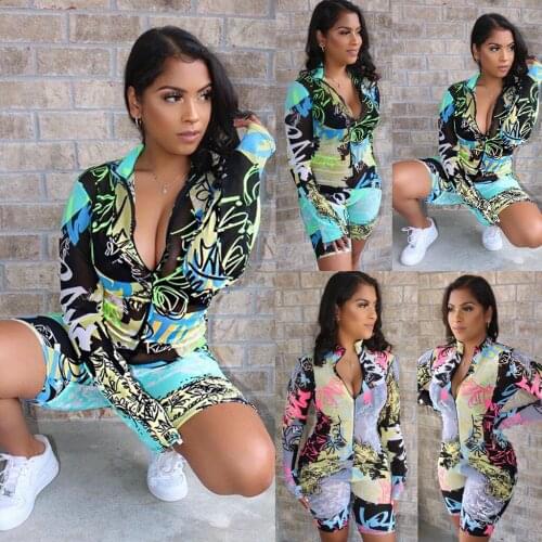 Adogirl Women Casual Short Jumpsuit Romper Long Sleeve Zipper Tie Dye Letter Print Jumpsuit 2020 Summer Bodycon Skinny Playsuits