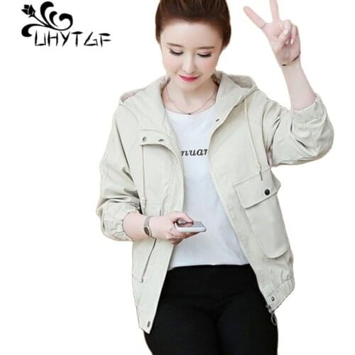 UHYTGF Womens Coat Fashion Hooded Stitching Casual Student Spring Autumn Windbreaker Female Short Outerwear Plus Size Tops 2182