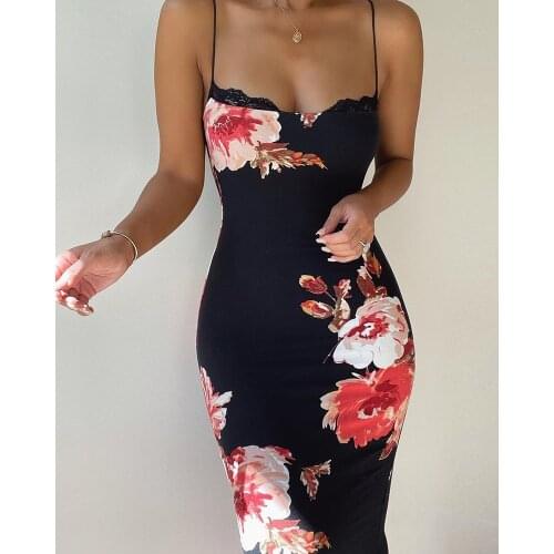 Women Dress Print Lace Trim Spaghetti Strap Floral Elegant Bodycon Office Lady Outfits 2021 Summer