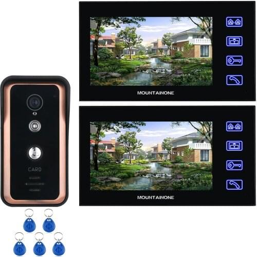 2 Monitor 7 inch Touch Button Color Video Intercom Door Phone System With RFID Card Reader HD Doorbell 1000TVL IR-CUT Camera