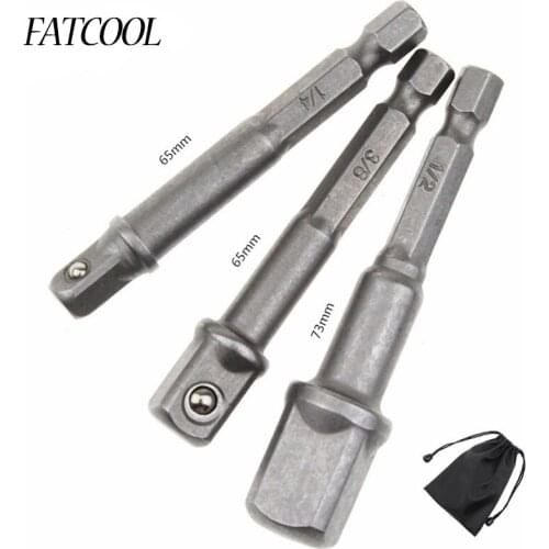 FATCOOL 3pcs Chrome Vanadium Steel Socket Adapter Set Hex Shank 1/4" 3/8" 1/2" Extension Drill Bits Bar Set Power Tools