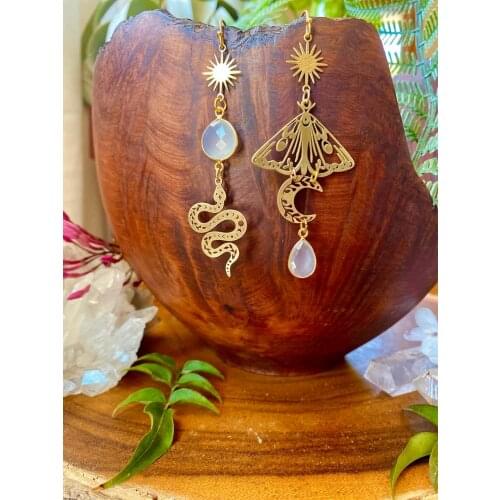 Asymmetrical Snake & Moth Earrings