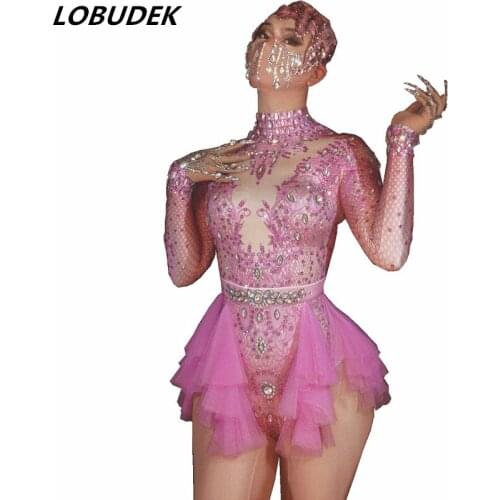 Pink Sparkly Rhinestones Printed Lace Bodysuit Elastic Skinny Long Sleeve Leotard Stage Wear Lady Birthday Party Dance Costume