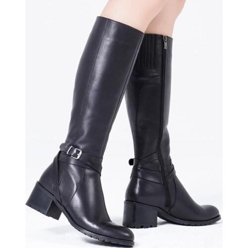 Callizio Womens Genuine Leather Knee High Boots Original Handmade Sexy Heeled Sexy Winter Designer Luxury Boot Footwear Low Square Heel Round Toe Ankle Buckle Strap Original Female Lady Punk Shoes for Woman 2021