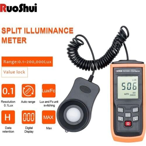 RuoShui 1010D Digital light meter Max 200,000Lux Luxmeter Luminance Lux Fc Test Illuminometers Photometer Auto LCD Illuminometer
