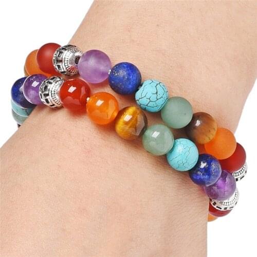 Druzy 8mm Natural Stone Seven Chakra Yoga Energy Stone Colorful Hollow Round Beads Fashion Frosted Bracelet for Men and Women