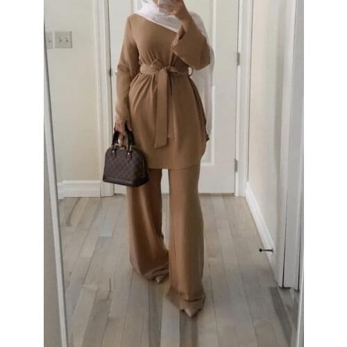 Ramadan Two Piece Set Muslim Women Sets Arab Turkey Islam Solid Tops and Long Pant Islamic Clothing Abaya Musulman Ensembles