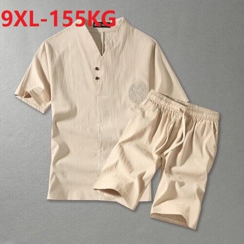 Summer men pajamas home wear sleep wear Short Sleeve tshirt v-neck linen cotton embroidery Comfortable plus size pajamas loose