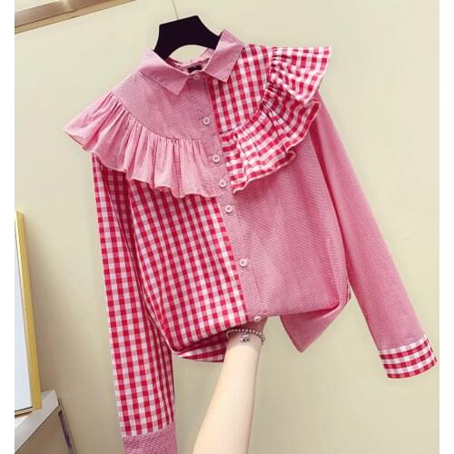 Ruffles Patchwork Knitted Plaid Women Shirts Summer Nw 2021 Loose Office Lady Elegant Outwear Tops