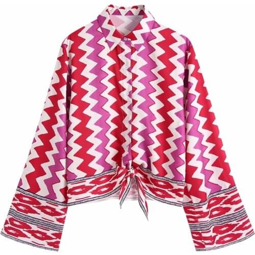 MESTTRAF Women 2021 Fashion With Bow Tied Geometric Print Blouses Vintage Flare Sleeve Button-up Female Shirts Streetwear